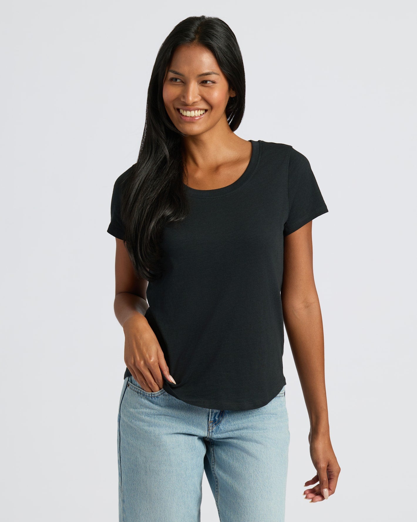 Woman in Womens Black Slub Scoop Neck Tee 2-Pack with jeans.