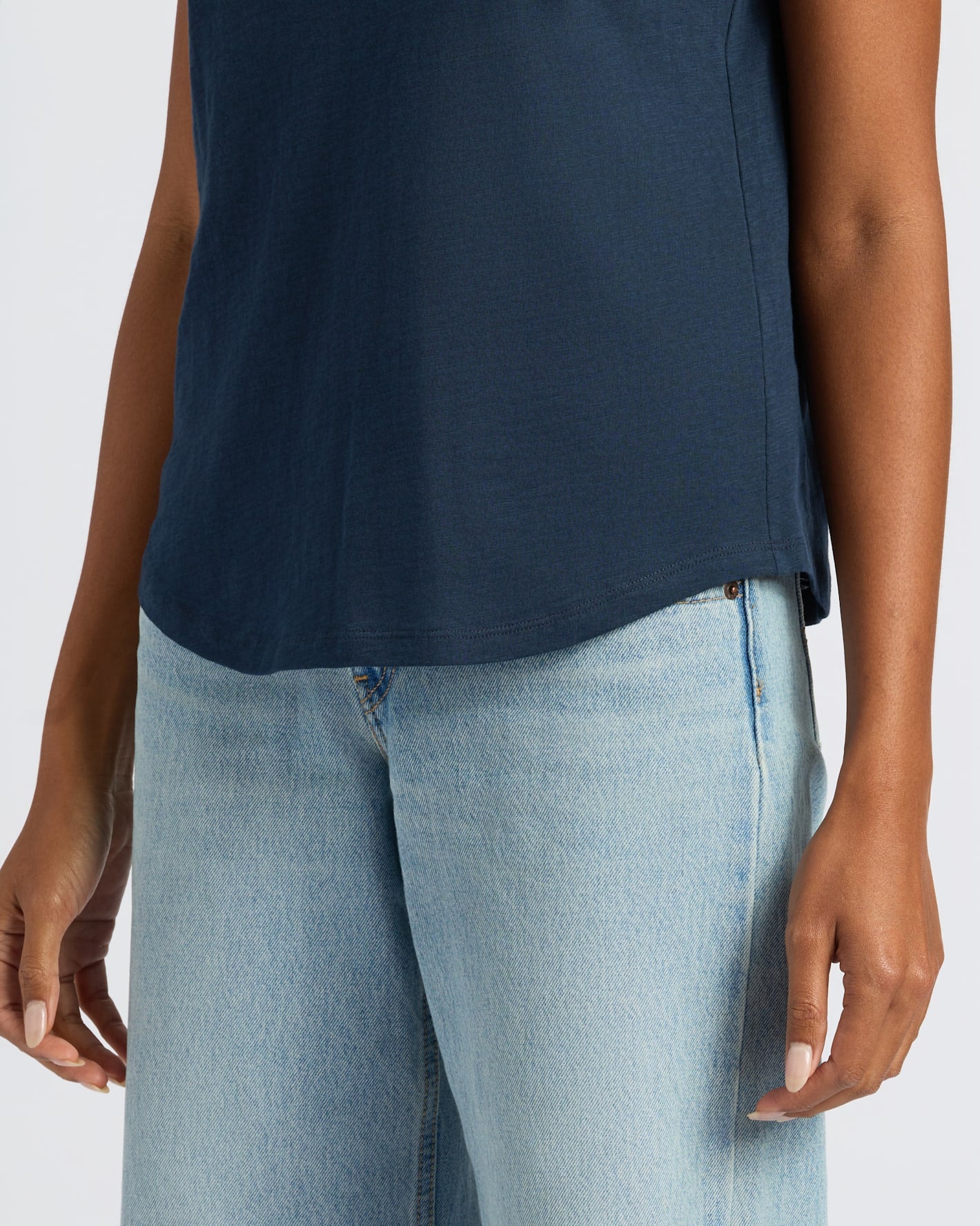 Womens Navy Slub Scoop Neck Tee worn with jeans.