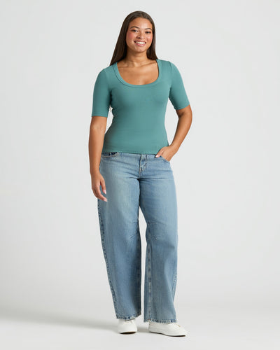 Ribbed 3/4 Sleeve Scoop Neck