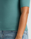 Womens Stormcloud Ribbed 3/4 Sleeve Scoop Neck Tee, teal, light-wash jeans.