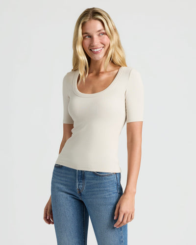 Ribbed 3/4 Sleeve Scoop Neck - Oatmeal