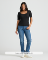Womens Black Ribbed 3/4 Sleeve Scoop Neck Tee worn by model.
