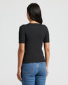 Womens Black Ribbed 3/4 Sleeve Scoop Neck Tee 3-Pack worn from behind.