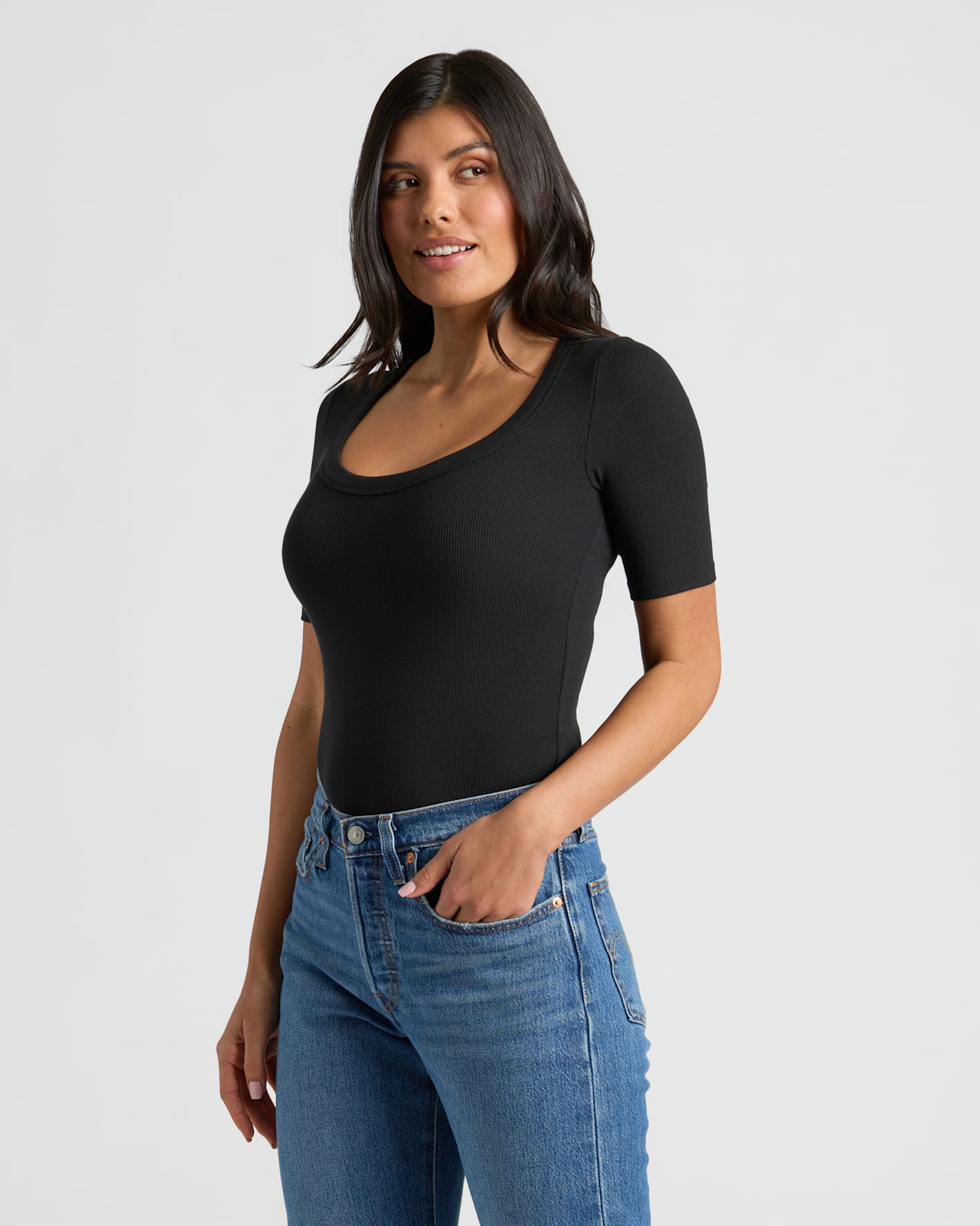 Womens Ribbed 3/4 Sleeve Scoop Neck Tee 3-Pack worn by model.