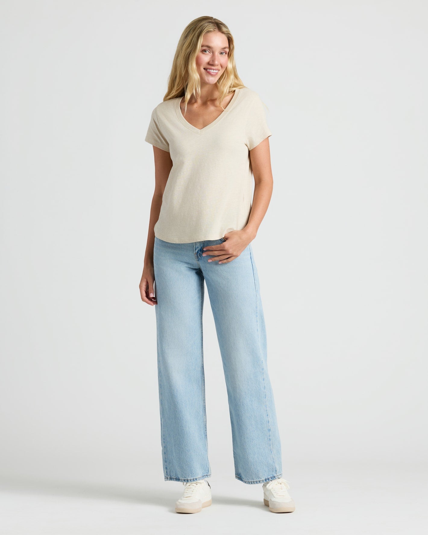 Womens Black & Oatmeal Relaxed Slub V-Neck Tee worn casually.