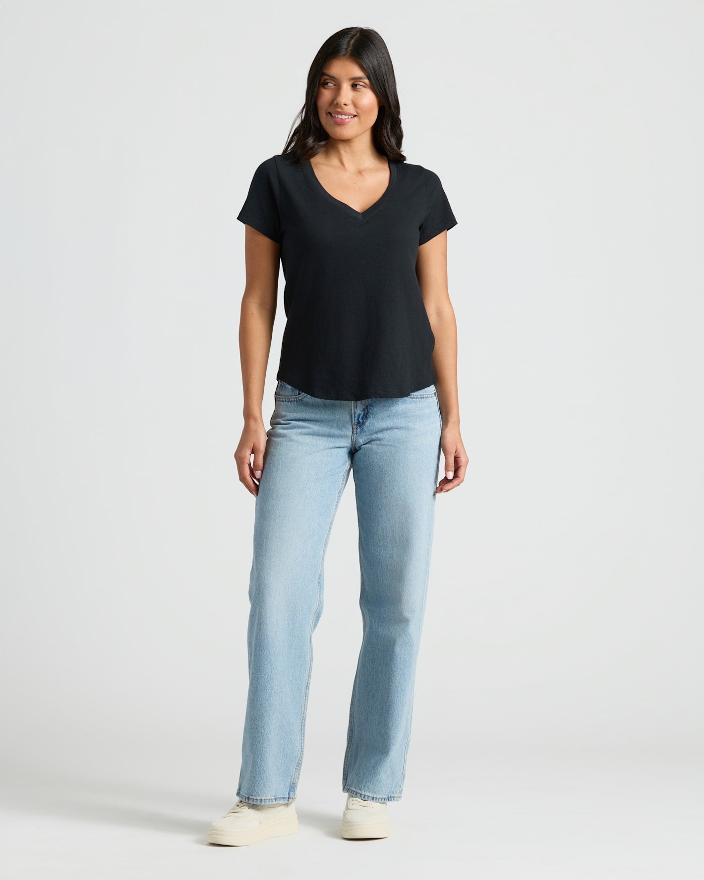 Womens Black & White Relaxed Slub V-Neck Tee 2-Pack worn casually.