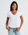 Young adult in a Women's Navy & White Relaxed Slub V-Neck Tee.
