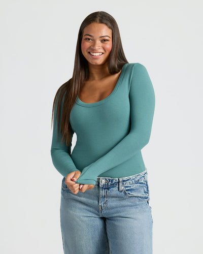 Ribbed Long Sleeve Scoop Neck - Stormcloud