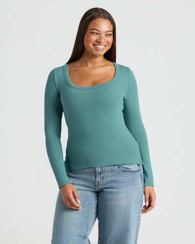 Ribbed Long Sleeve Scoop Neck - Stormcloud