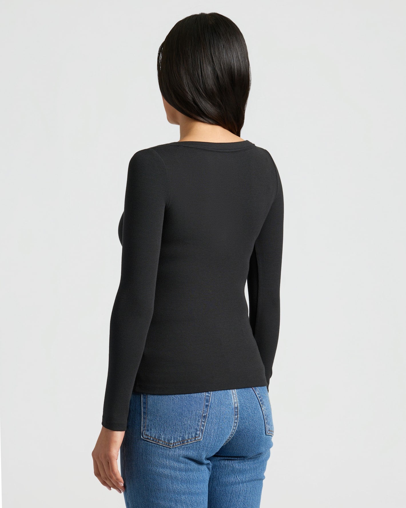 Womens Black Ribbed Long Sleeve Scoop Neck Tee 3-Pack displayed from the back.