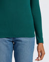 Womens Deep Emerald Ribbed Long Sleeve Scoop Neck Tee, paired with jeans.