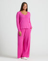 Person wearing Womens Electric Fuchsia Waffle Long Sleeve Boxy Henley set.