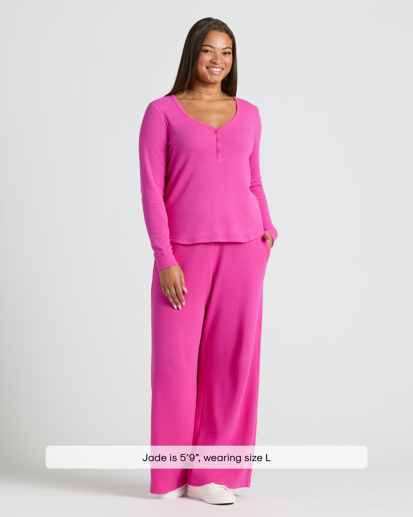 Woman modeling Womens Electric Fuchsia Waffle Long Sleeve Henley & Waffle Leg Pant.