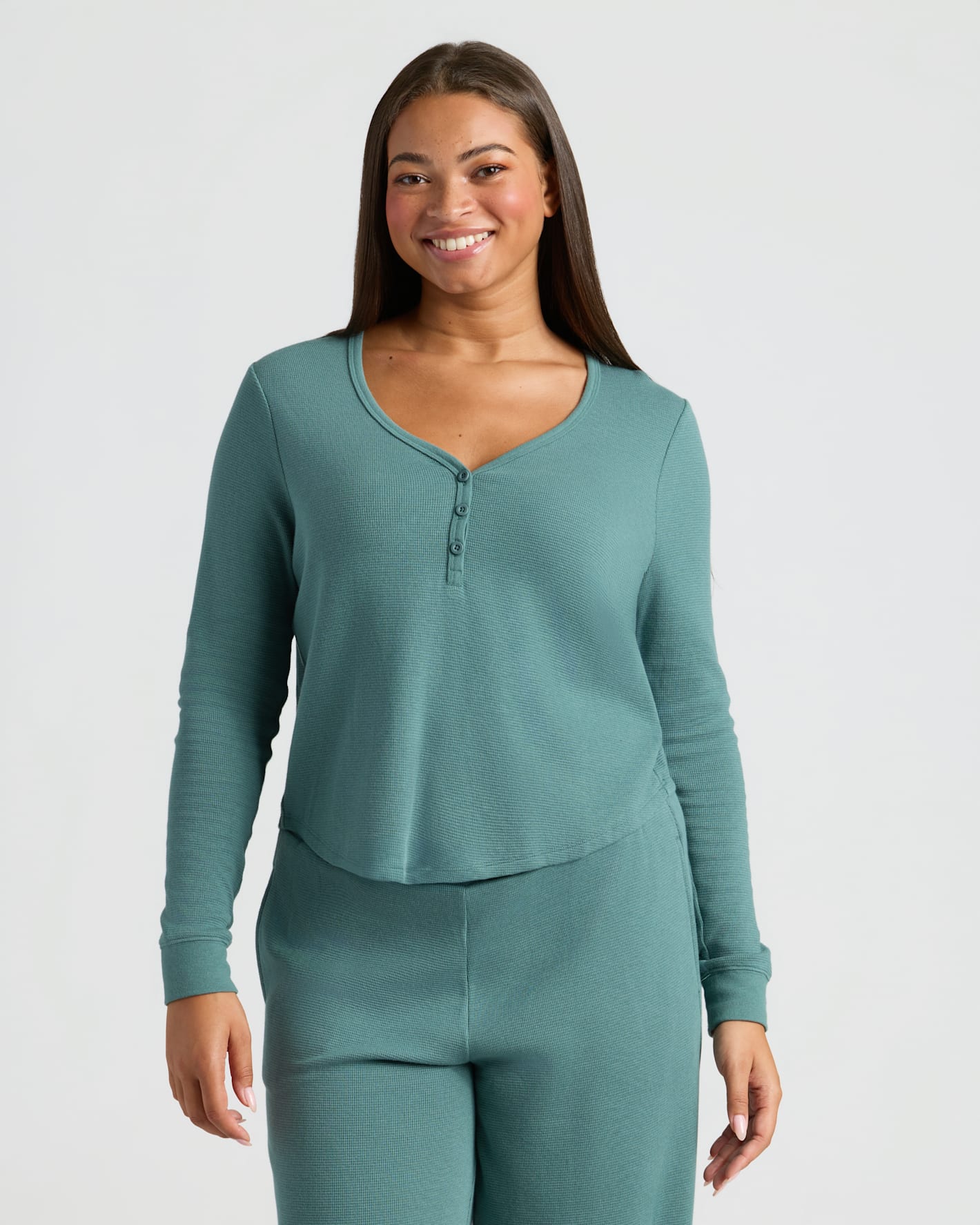 Woman in Womens Stormcloud Waffle Long Sleeve Henley & Waffle Leg Pant.