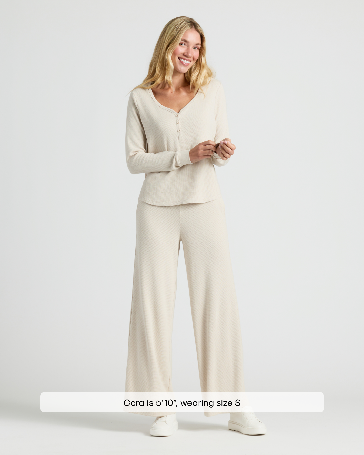 Womens Oatmeal Waffle Long Sleeve Henley & Waffle Leg Pant modeled by Cora.