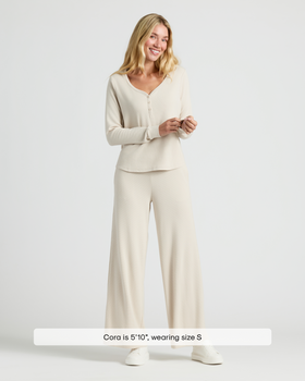 Womens Oatmeal Waffle Long Sleeve Henley & Waffle Leg Pant modeled by Cora.