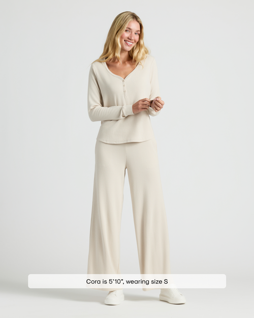 Womens Oatmeal Waffle Long Sleeve Henley & Waffle Leg Pant modeled by Cora.