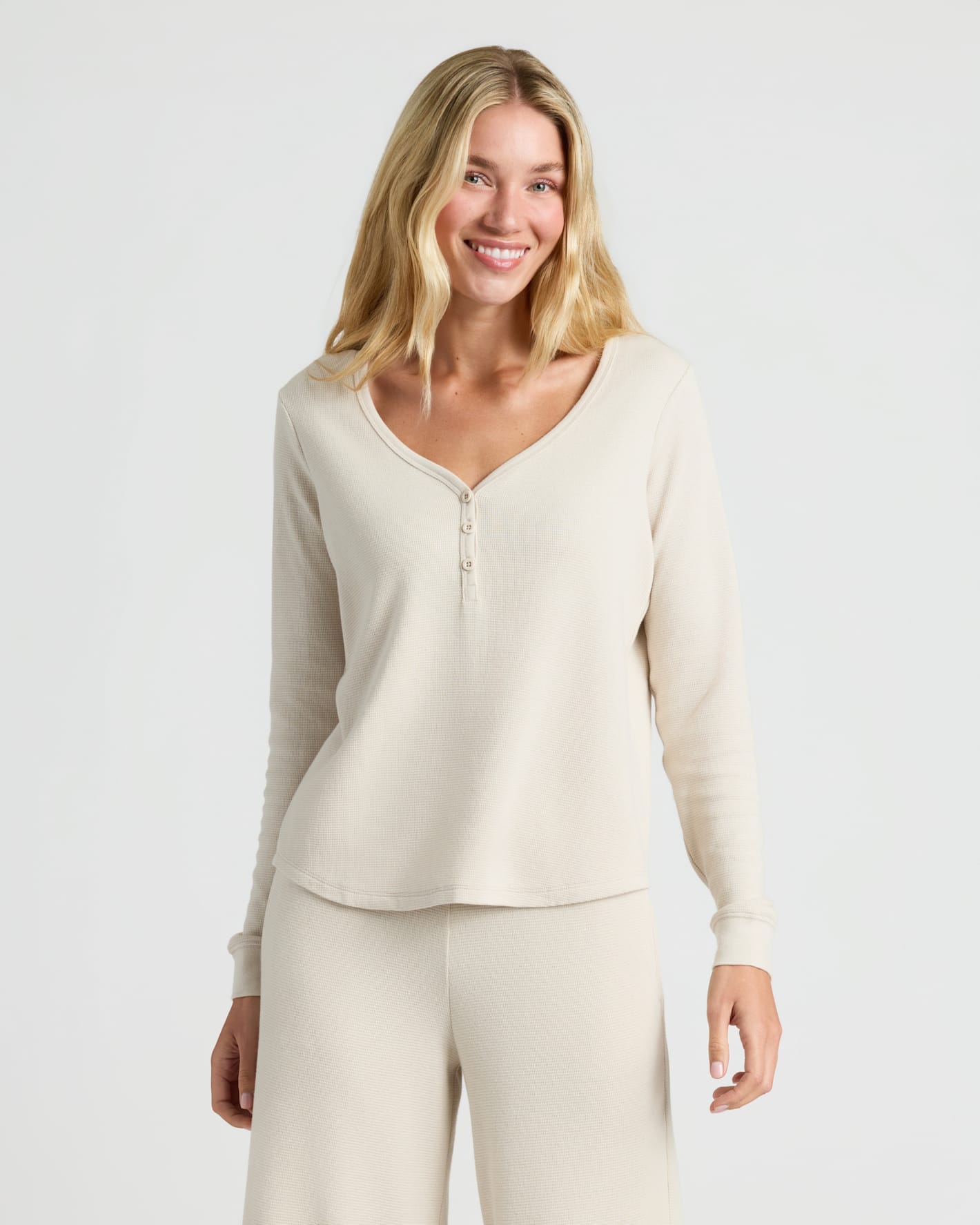 Womens Oatmeal Waffle Long Sleeve Henley & Waffle Leg Pant modeled.