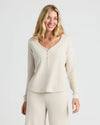 Woman models Womens Oatmeal Waffle Long Sleeve Henley & Waffle Leg Pant 2-Pack.