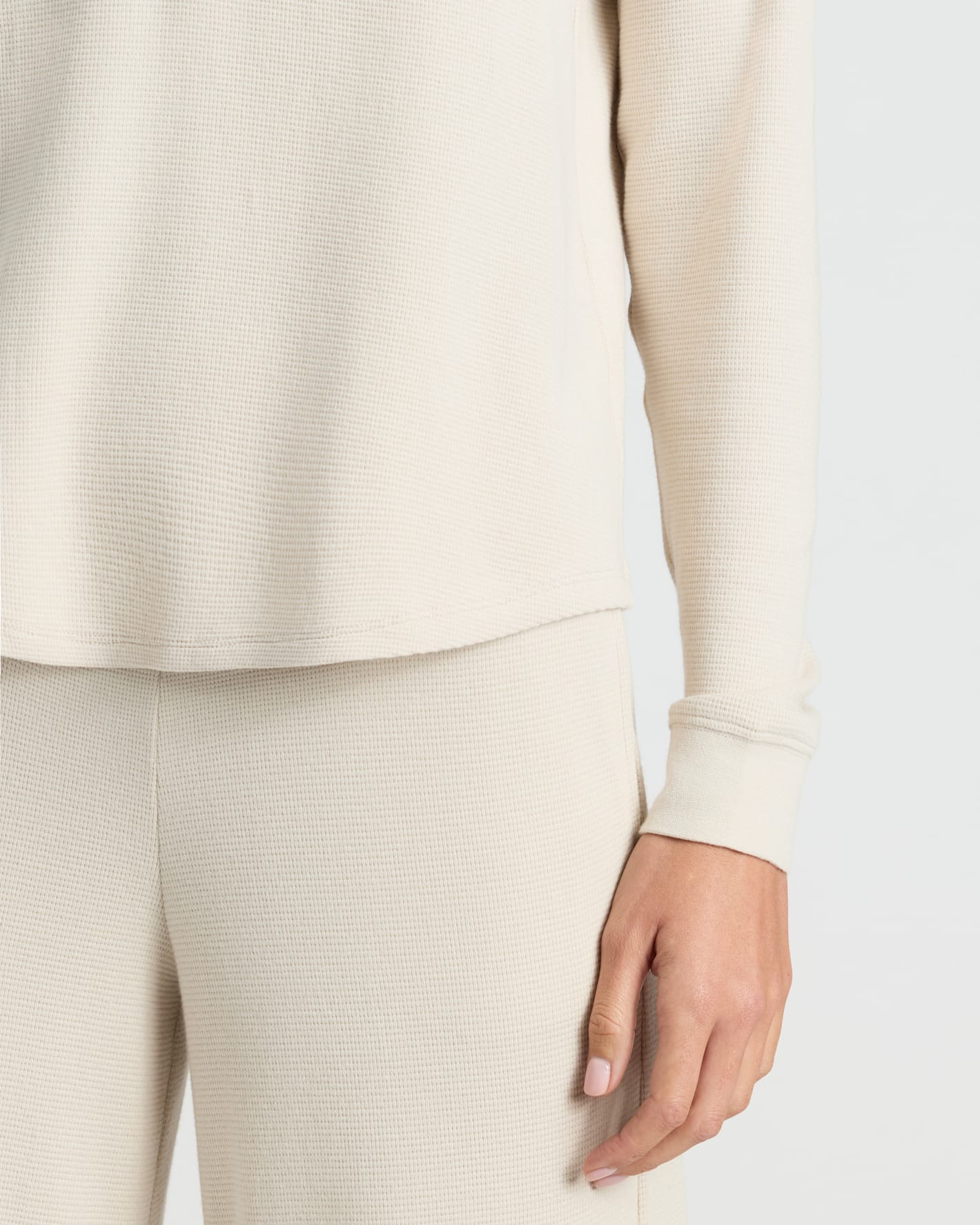 Womens Oatmeal Waffle Long Sleeve Henley & Waffle Leg Pant 2-Pack worn.