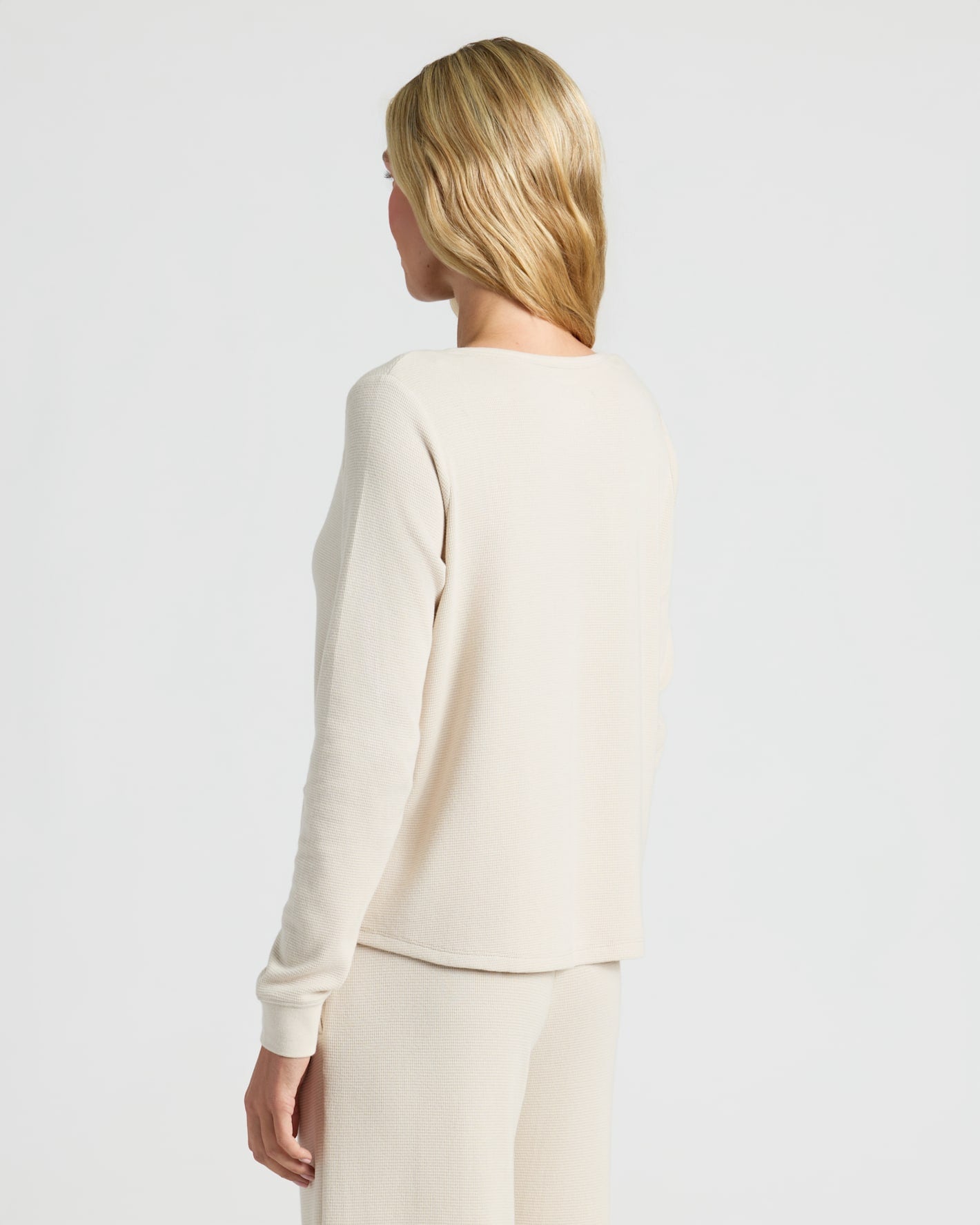 Womens Oatmeal Waffle Long Sleeve Henley & Waffle Leg Pant 2-Pack, back view.