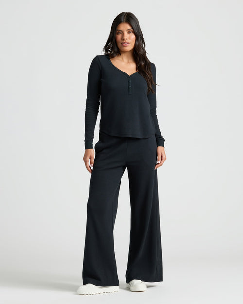 Womens Black Waffle Long Sleeve Henley & Waffle Leg Pant 2-Pack
