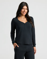 Womens Black Waffle Long Sleeve Boxy Henley