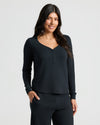 Woman in Womens Black Waffle Long Sleeve Henley & Waffle Leg Pant 2-Pack.