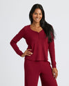 Woman modeling Womens Dark Maroon Waffle Long Sleeve Henley & Waffle Leg Pant.