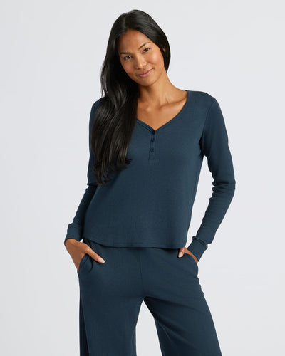 Waffle Long Sleeve Boxy Henley - Navy