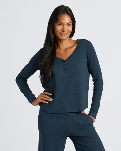 Waffle Long Sleeve Boxy Henley - Navy
