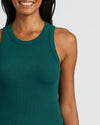 Womens Ribbed High Neck Tank 3-Pack worn, teal version visible.