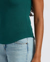Womens Deep Emerald Ribbed High Neck Tank with light-wash jeans.