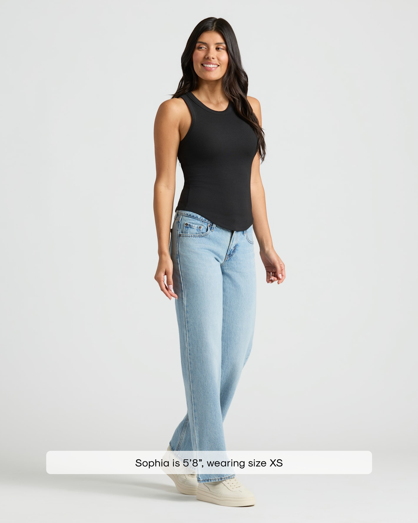 Womens Black Ribbed High Neck Tank 3-Pack worn by model.