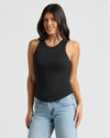Woman in Womens Ribbed High Neck Tank 3-Pack, black, with jeans.