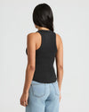 Model wearing Womens Black Ribbed High Neck Tank with light-wash jeans.