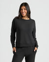 Womens Black Slouch Pullover Crew & Relaxed Jogger 2-Pack worn by smiling woman.