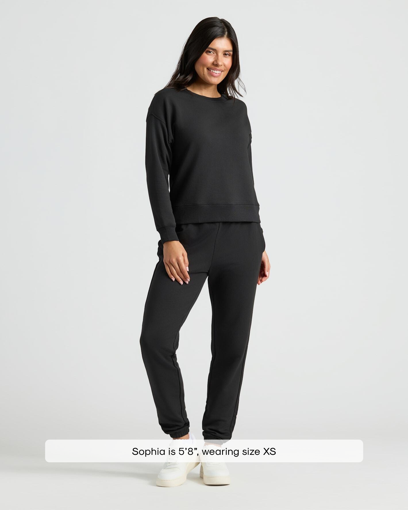 Woman in Womens Black Slouch Pullover Crew & Relaxed Jogger 2-Pack.