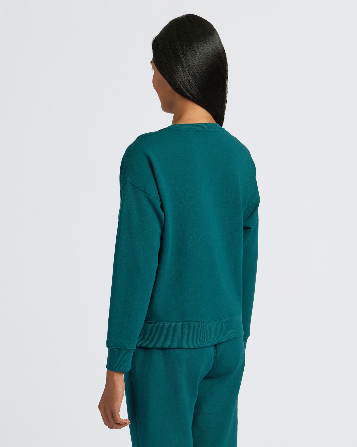 Womens Deep Emerald Slouch Pullover Crew & Relaxed Jogger back view.