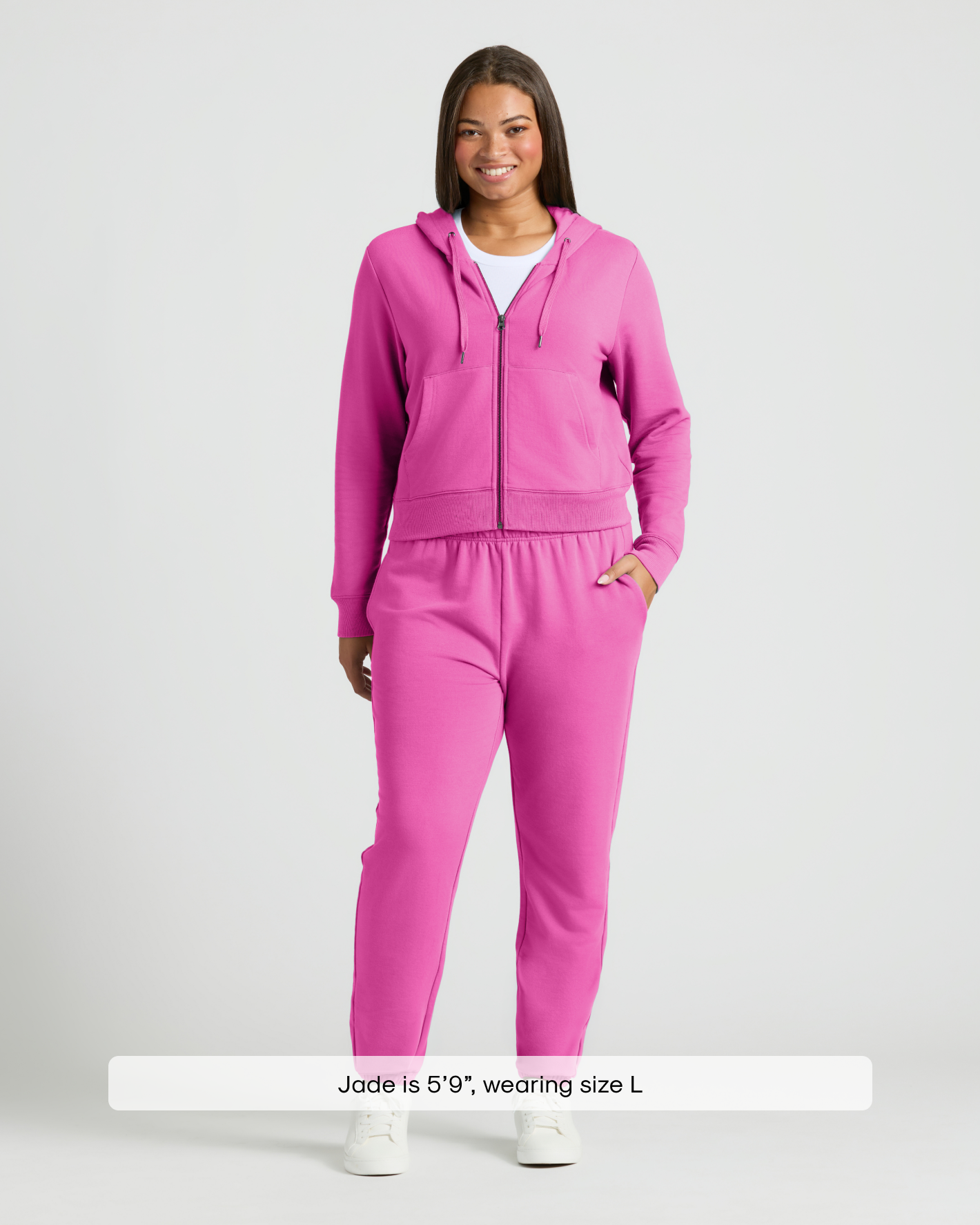 Woman wearing Womens Electric Fuchsia Crop Zip Hoodie & Relaxed Jogger 2-Pack.