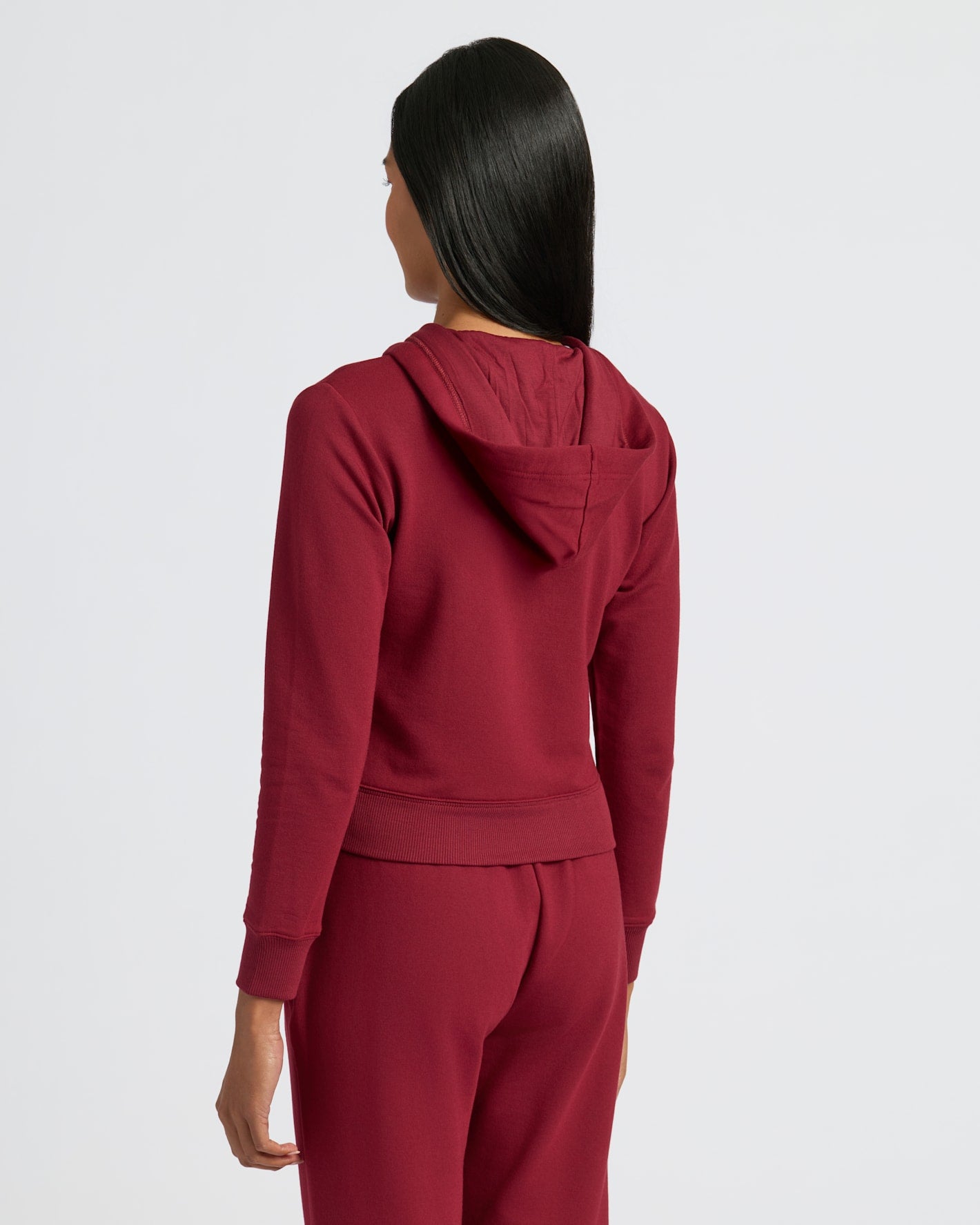 Womens Dark Maroon Crop Zip Hoodie & Relaxed Jogger back view.