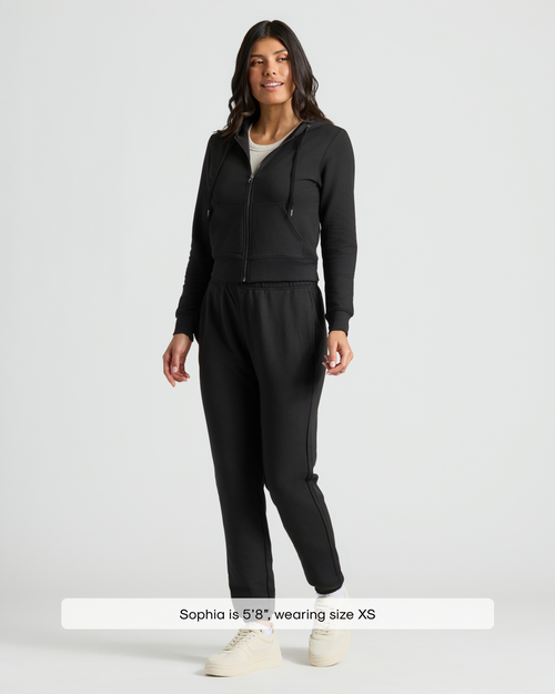 Woman in Womens Black Crop Zip Hoodie & Relaxed Jogger 2-Pack.