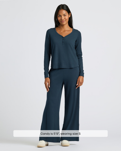 Waffle Long Sleeve Boxy Henley - Navy