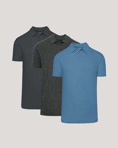 True ClassicTall Classic Polo 3-Pack: light-blue, charcoal-heather, and black polos.