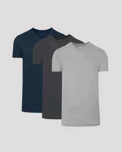 True ClassicShort Sleeve Tall Classic V-Neck 3-Pack laid out, showing fit and style.