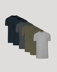 True ClassicSix-pack of tall straight hem t-shirts in black, dark gray, charcoal, olive, and light gray.
