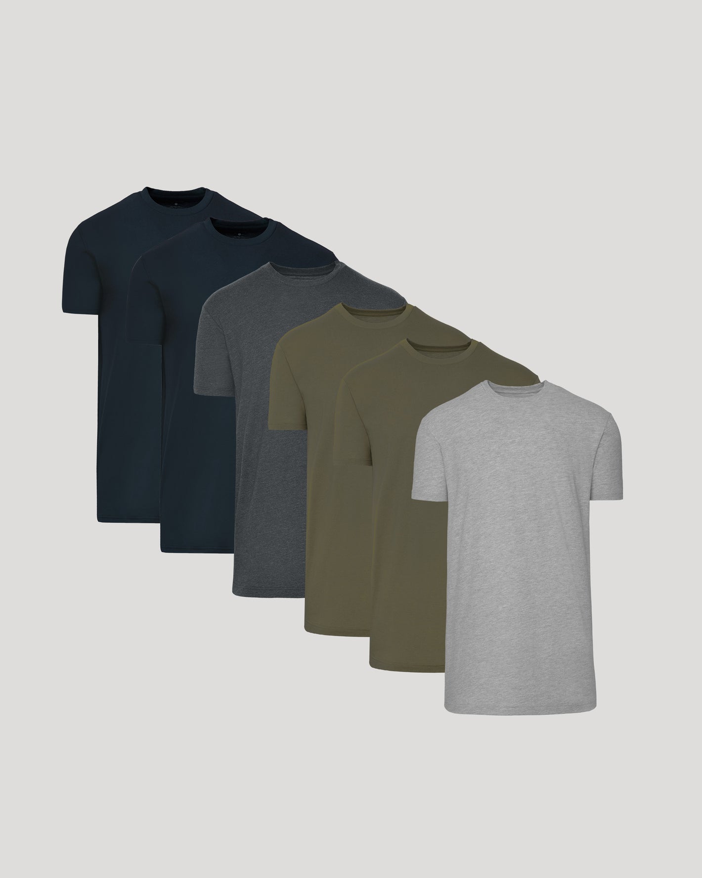 Six-pack of tall straight hem t-shirts in black, dark gray, charcoal, olive, and light gray.