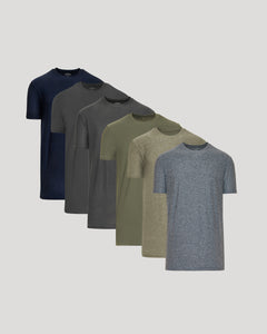 True ClassicTall Active Crew 6-Pack: seven earth-tone crew-neck T-shirts displayed in a fan.