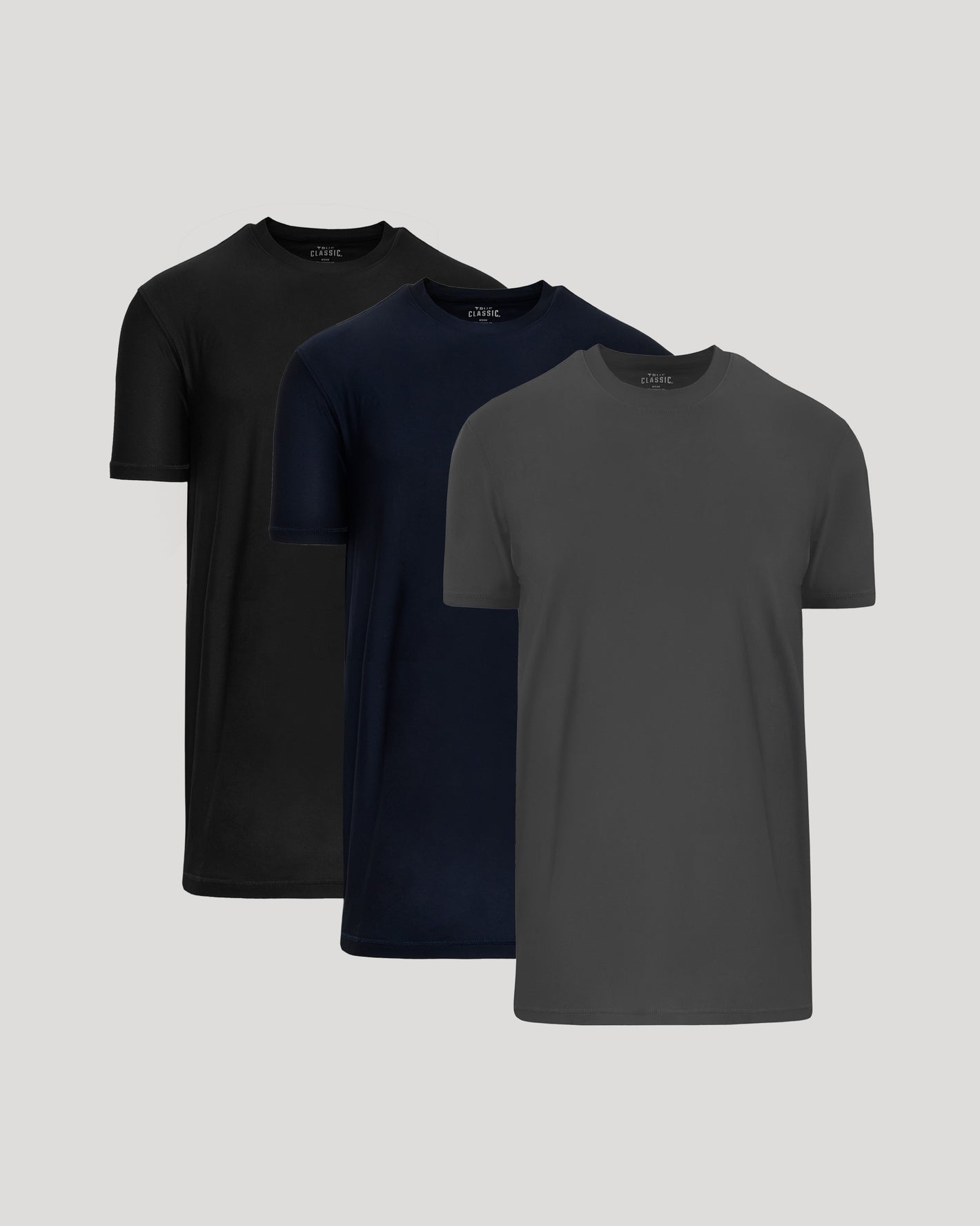 Timeless Tall Active Crew 3-Pack: black, navy, charcoal T-shirts displayed.