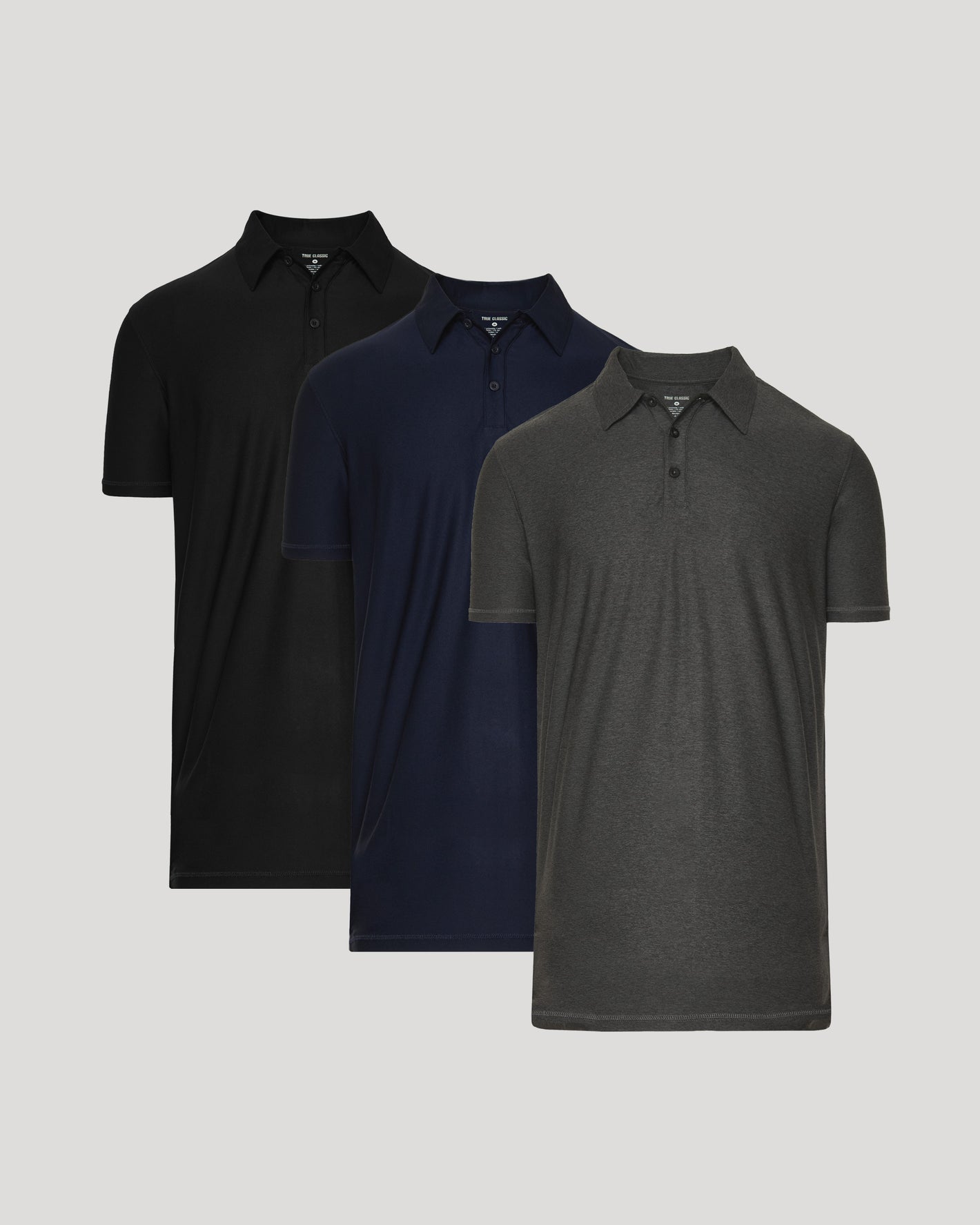 Timeless Tall Active Polo 3-Pack with classic collars and three-button plackets.